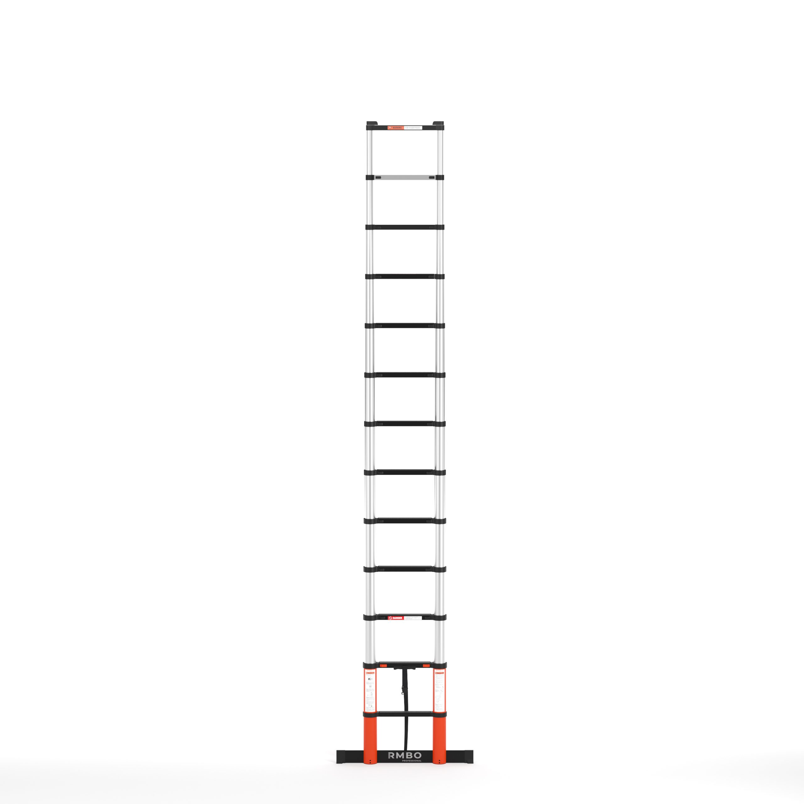 A tall, silver and black telescoping ladder stands against a white background. The ladder has orange accents at the base.