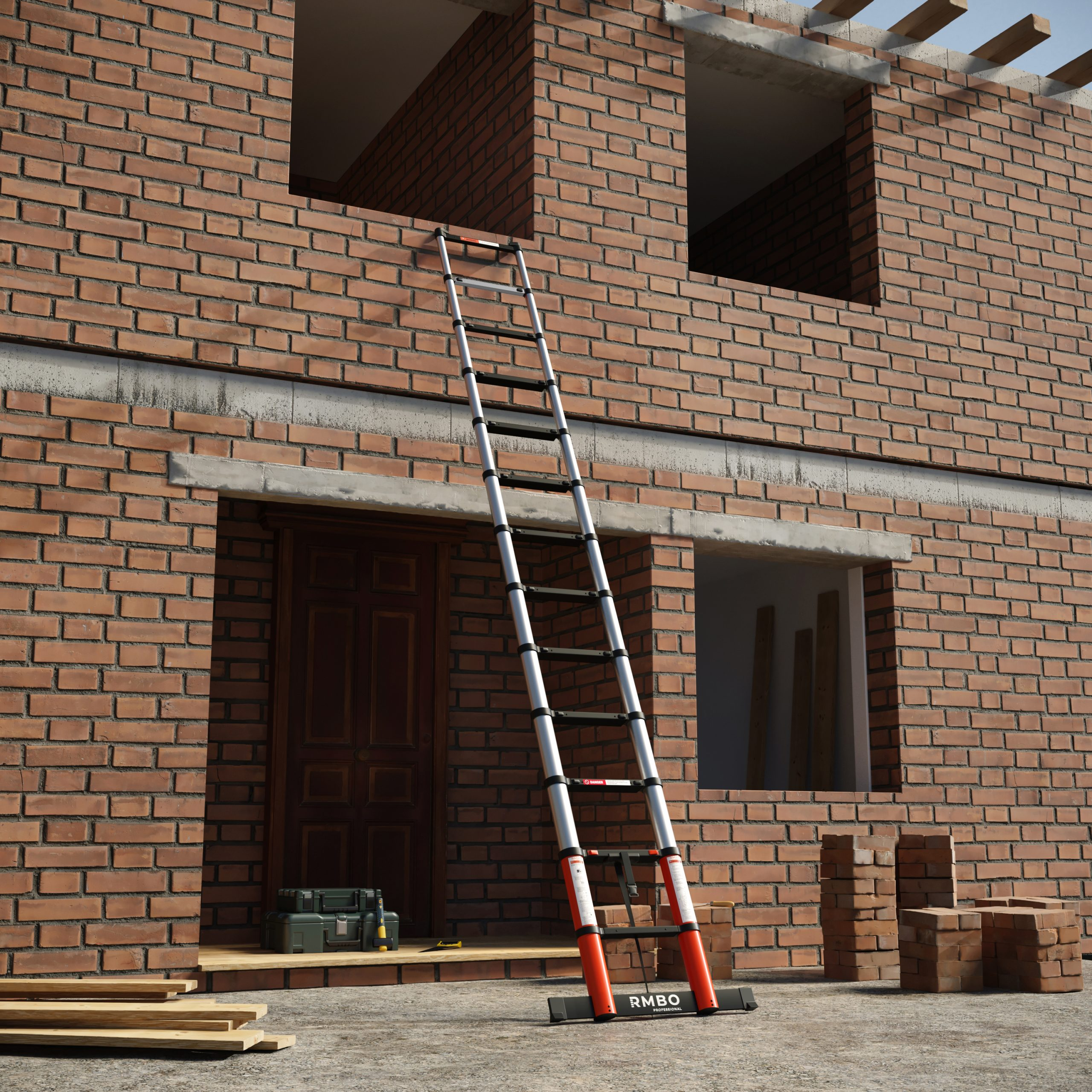 A ladder leans against a brick building under construction. Tools and bricks are on the ground. Windows are visible.