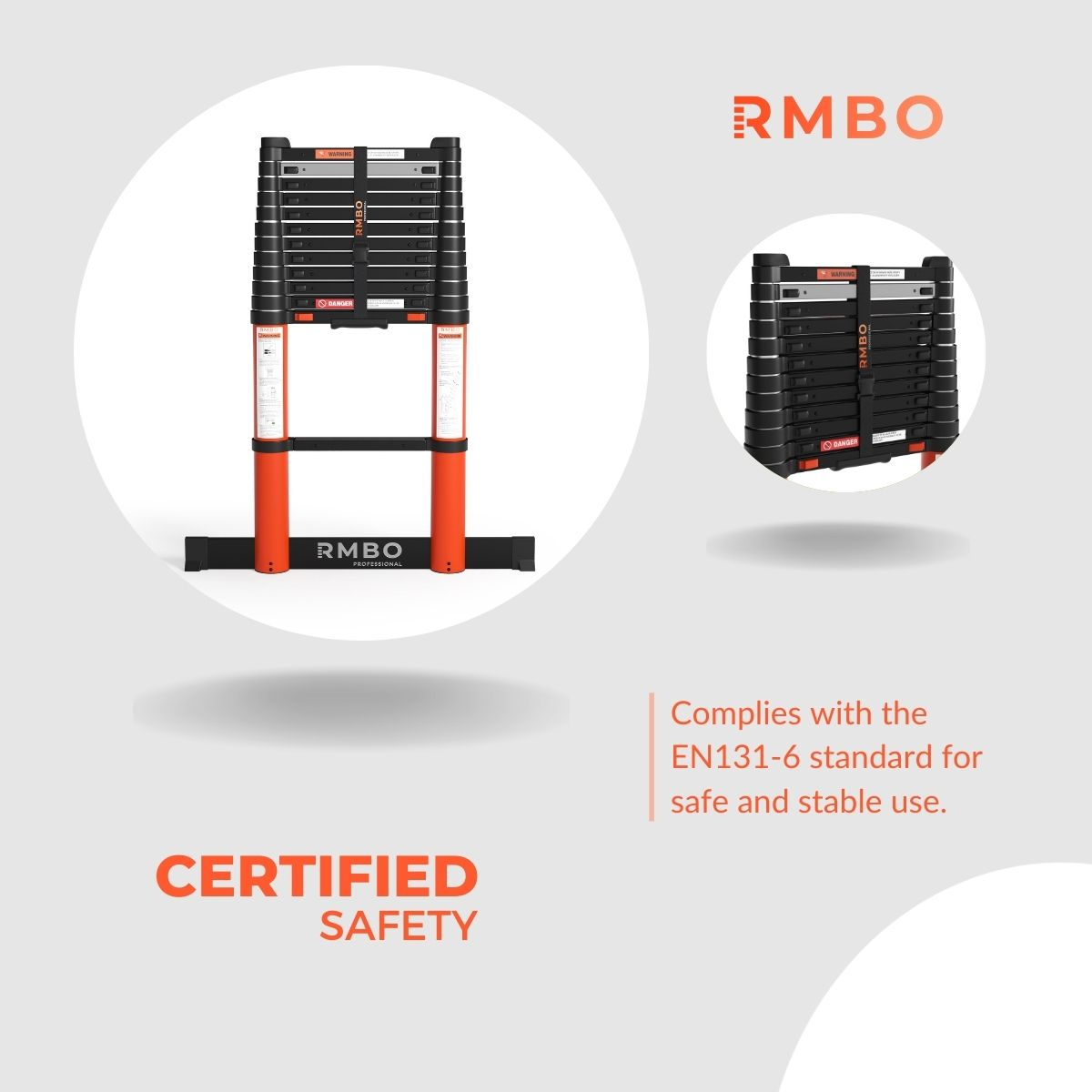 A black and orange RMBO telescopic ladder is displayed. It complies with EN131-6 standard for safe use, marked with certified safety.