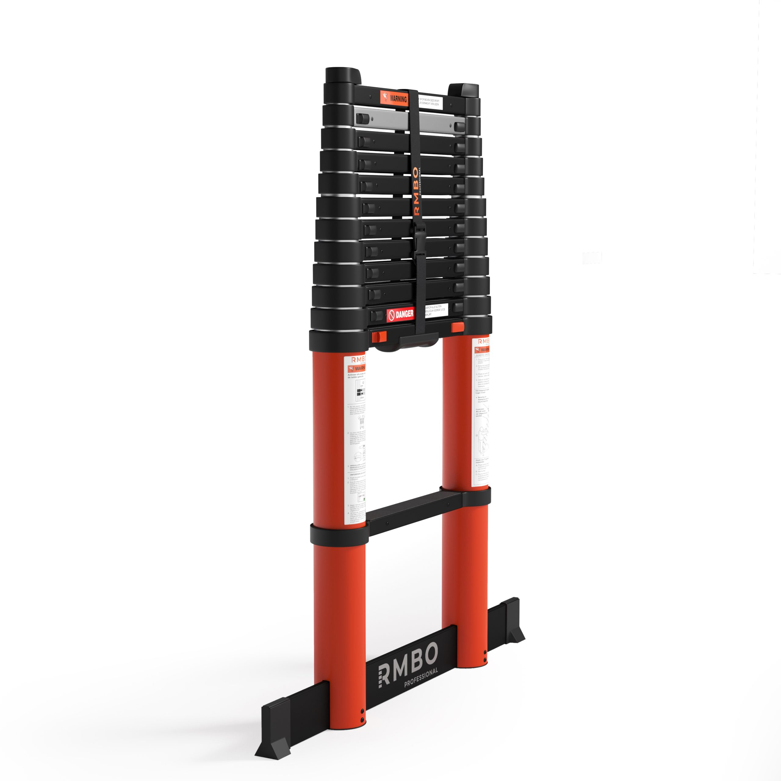 A black and red ladder with the brand name RMBO. It has multiple steps and is standing on a white background.
