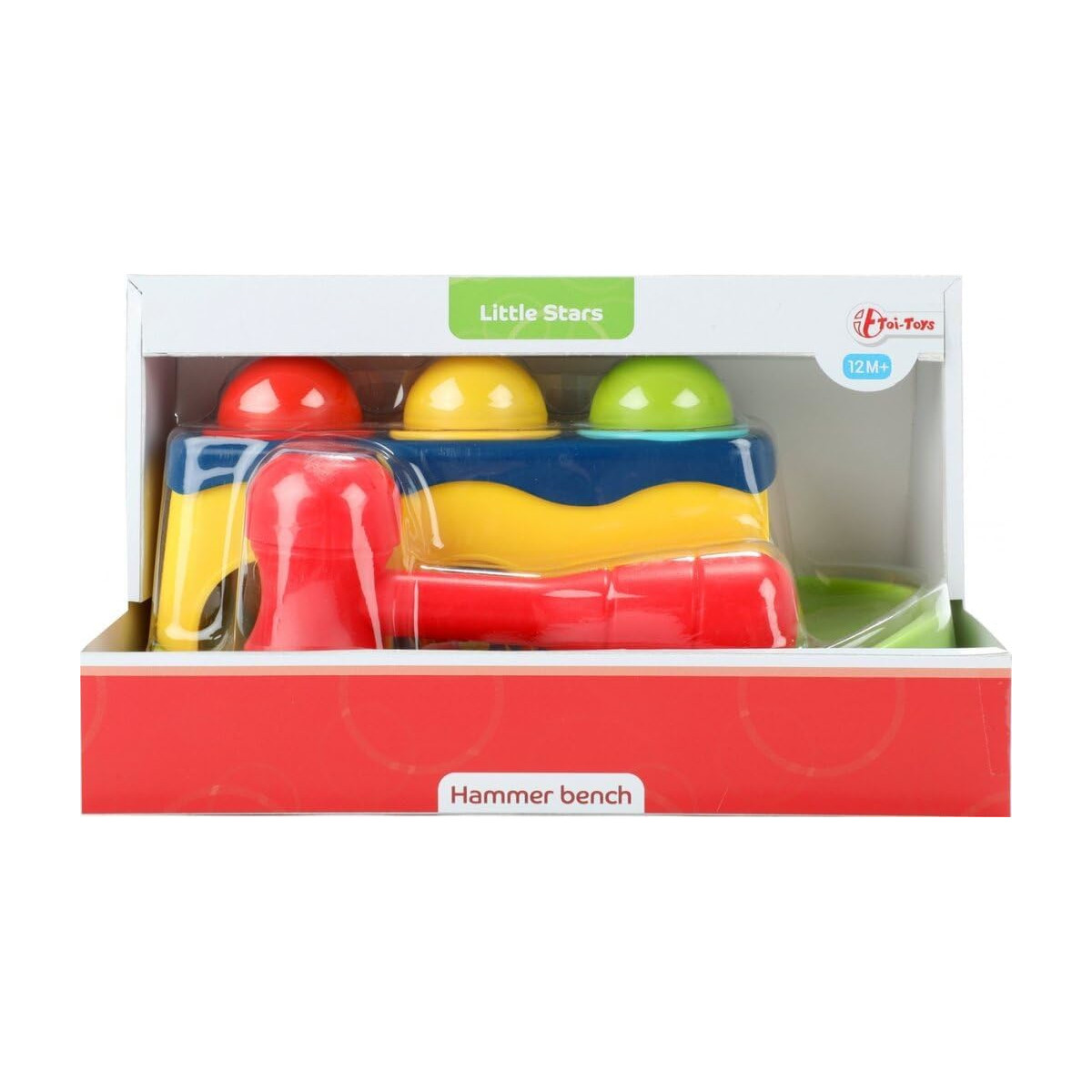 Ein farbenfroher Spielzeug-Hammerbench befindet sich in seiner Verpackung. Es hat eine rote Basis und gelbe, blaue und grüne Teile. Es ist mit 'Little Stars' beschriftet.
