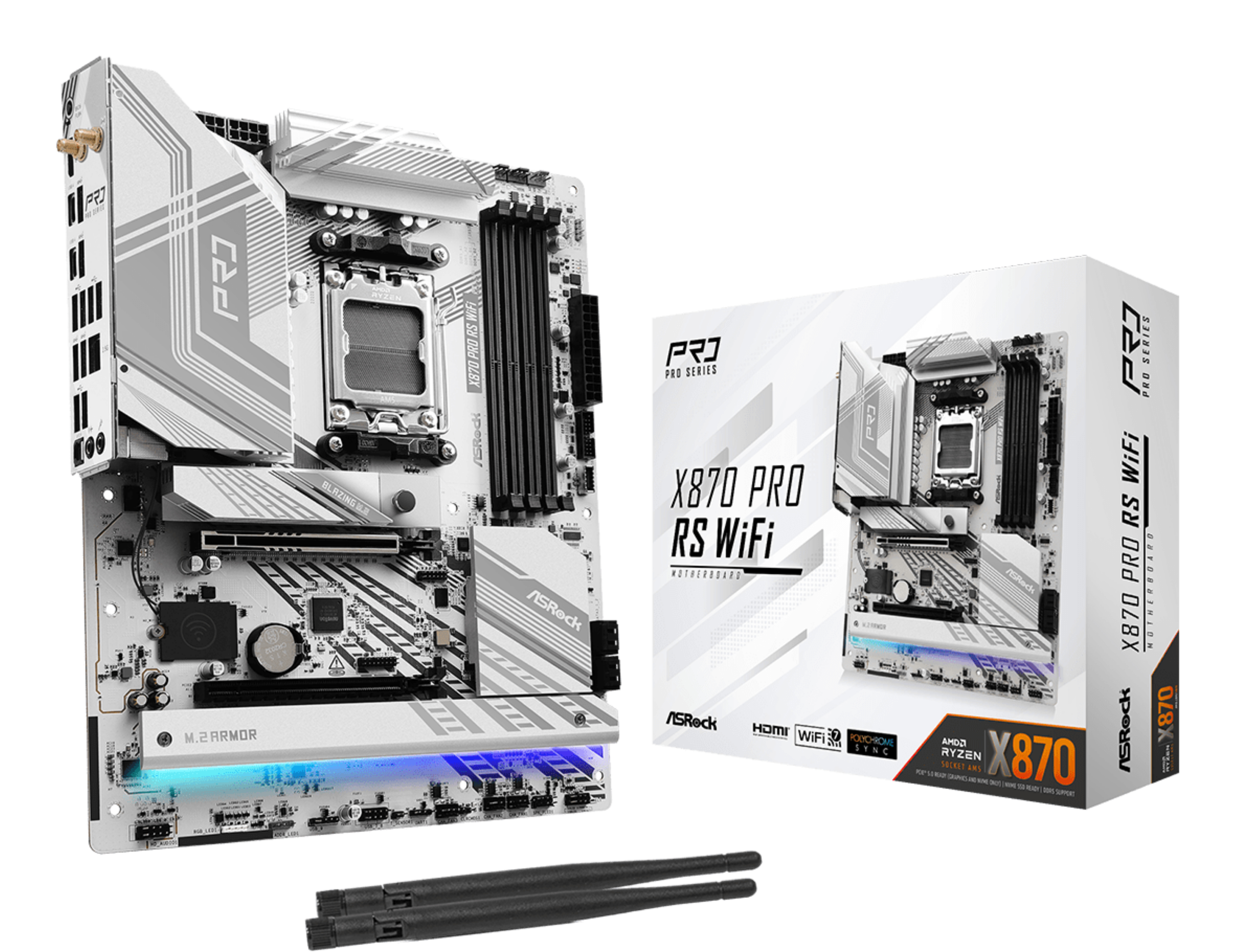 Płyta główna ASRock X870 Pro RS WiFi jest wyświetlana z pudełkiem i antenami na białym tle.