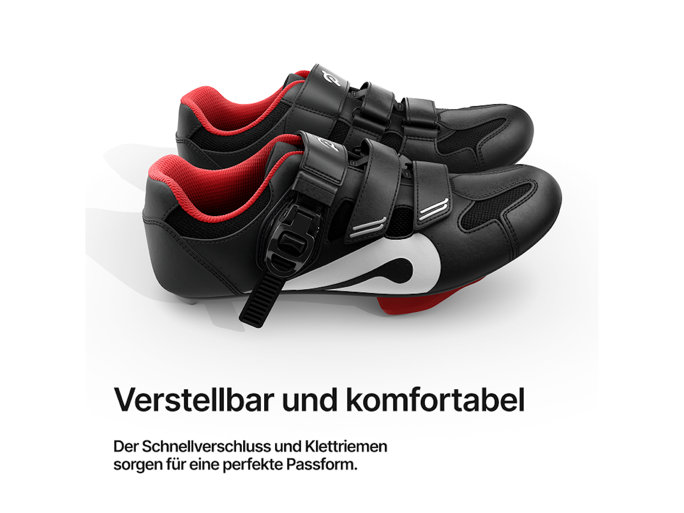 Schwarze Radschuhe mit roter Innenausstattung und weißem Logo, Klettverschlüssen, auf weißem Hintergrund.