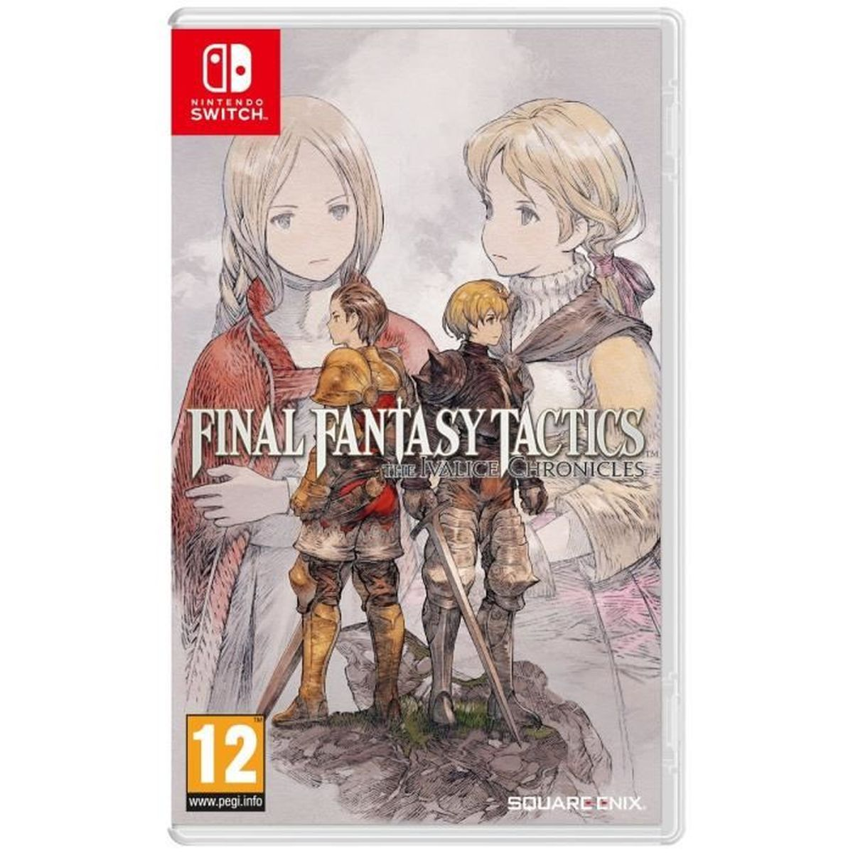 Copertina del gioco Final Fantasy Tactics. Presenta personaggi con spade e una donna sullo sfondo. Logo Nintendo Switch nell'angolo.