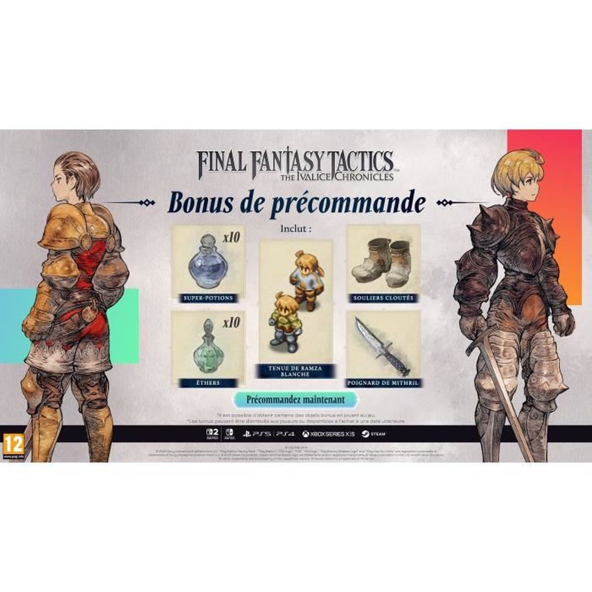 Promozione del gioco Final Fantasy Tactics. Include personaggi, pozioni, stivali e un pugnale. Due personaggi corazzati affiancano il testo centrale.