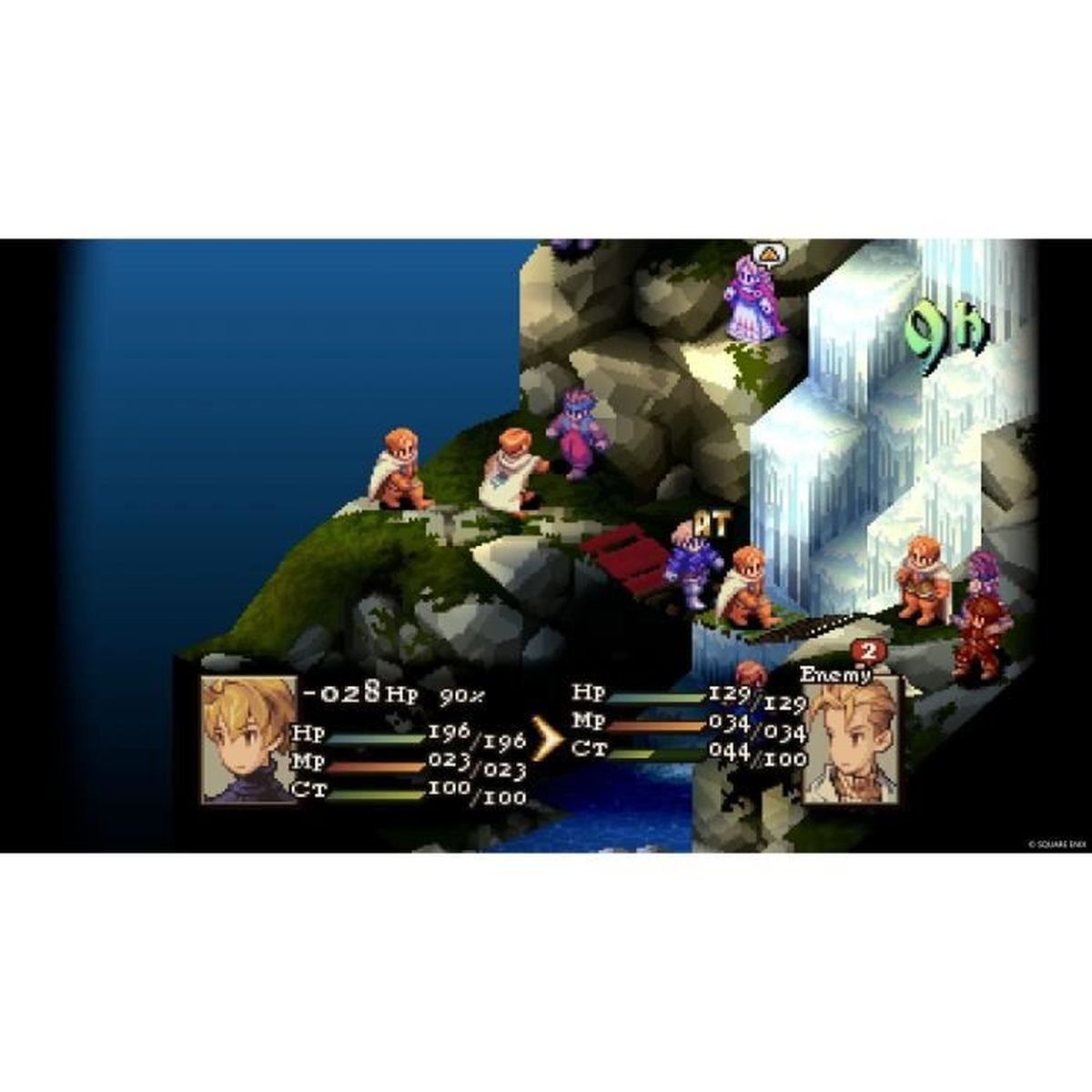 Una scena di videogioco pixelata mostra personaggi su una scogliera rocciosa. Una cascata è visibile. Anche l'interfaccia del gioco è visibile.