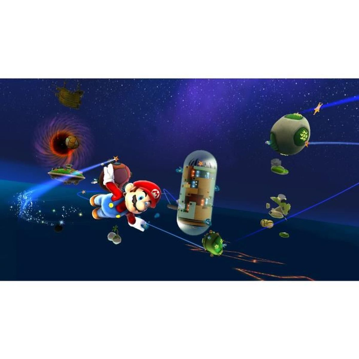 Mario im Weltraum mit schwebenden Objekten und Sternen. Er fliegt in der Luft, umgeben von verschiedenen Planeten und Weltraumschrott.