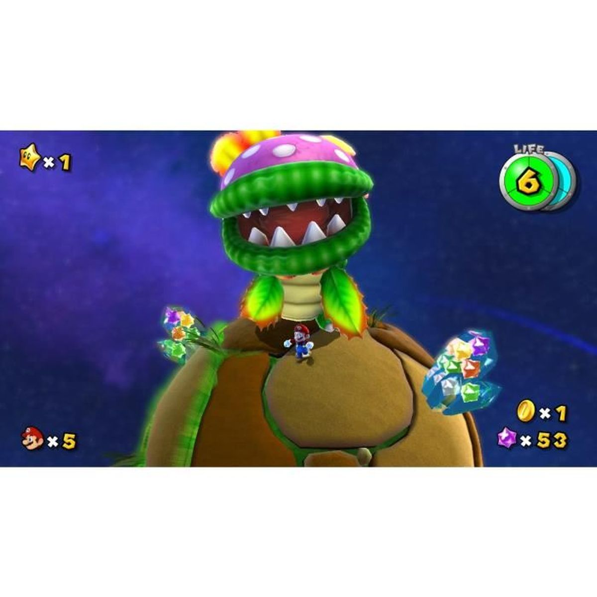 Ein großes, grünes Pflanzenmonster mit einem lila und weißen Kopf, Mario steht auf seinem Rücken in einer Videospielszene.