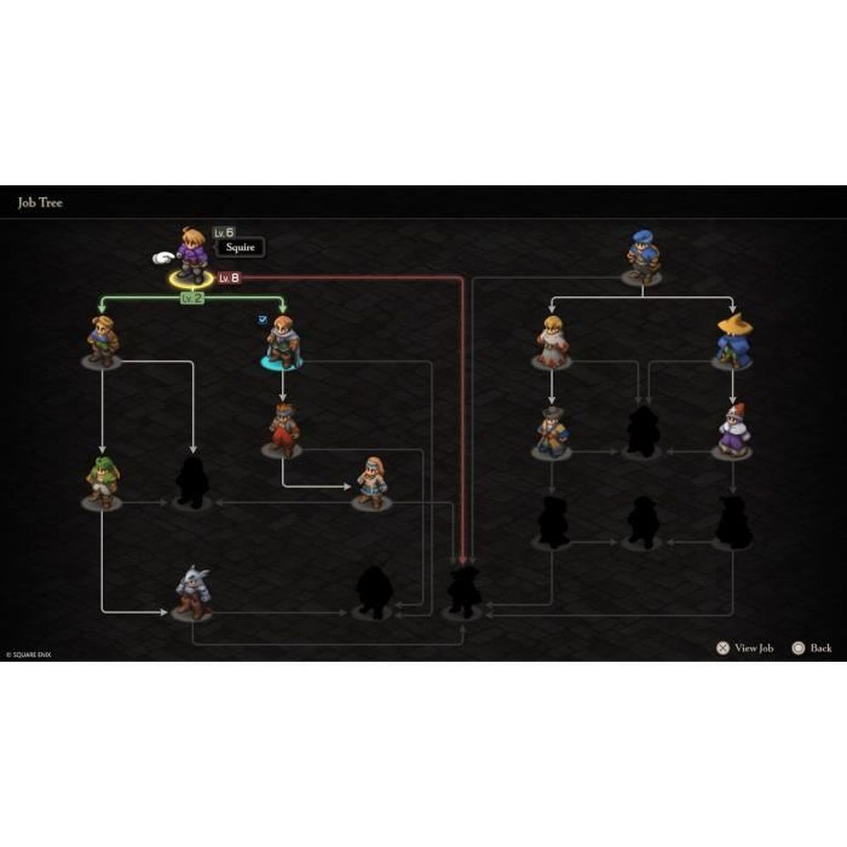 Un albero dei lavori di gioco. I personaggi sono collegati da linee, che mostrano la progressione del lavoro. Il testo indica livelli e nomi.