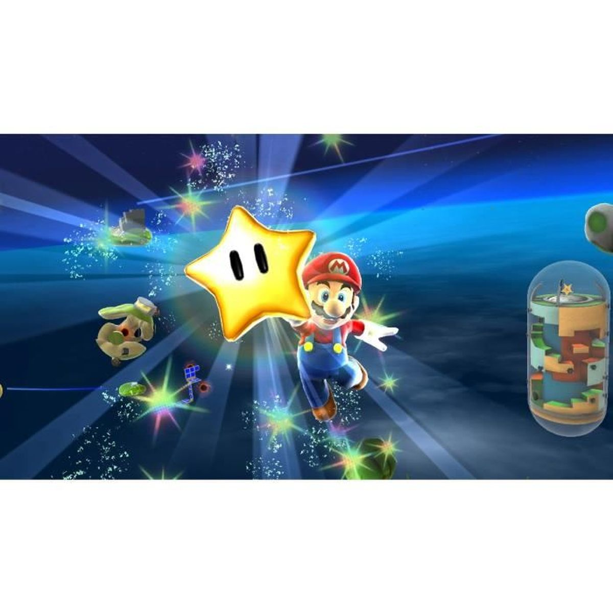 Mario hält einen goldenen Stern, umgeben von funkelnden Effekten, mit blauem und weißem Hintergrund. Eine Levelkarte erscheint.