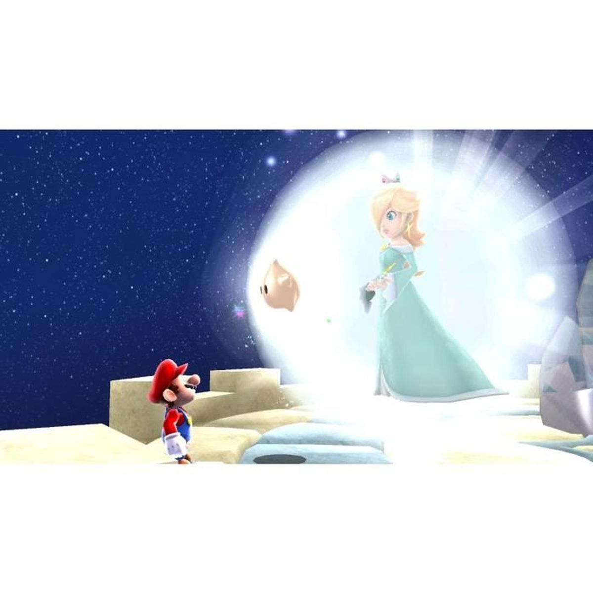 Mario blickt auf Rosalina in hellem Licht. Ein Luma und ein Sternenhimmel sind im Hintergrund. Mario und Rosalina stehen im Mittelpunkt.
