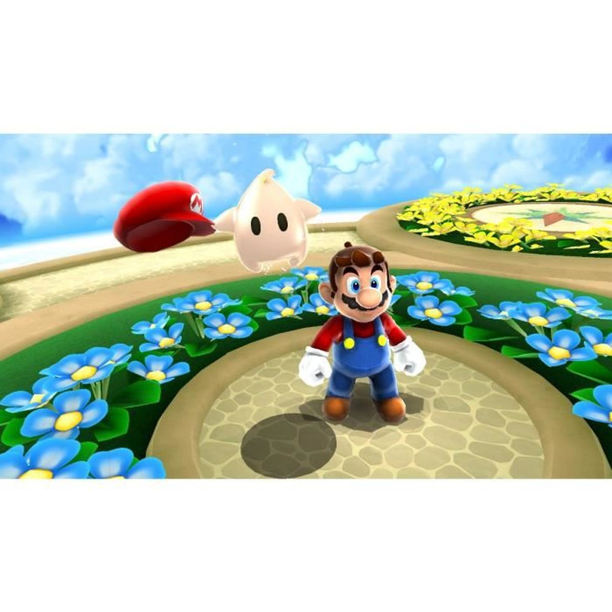 Mario steht in einem Garten mit Blumen und einer sternförmigen Figur. Ein roter Hut fliegt am Himmel. Der Hintergrund ist ein blauer Himmel.