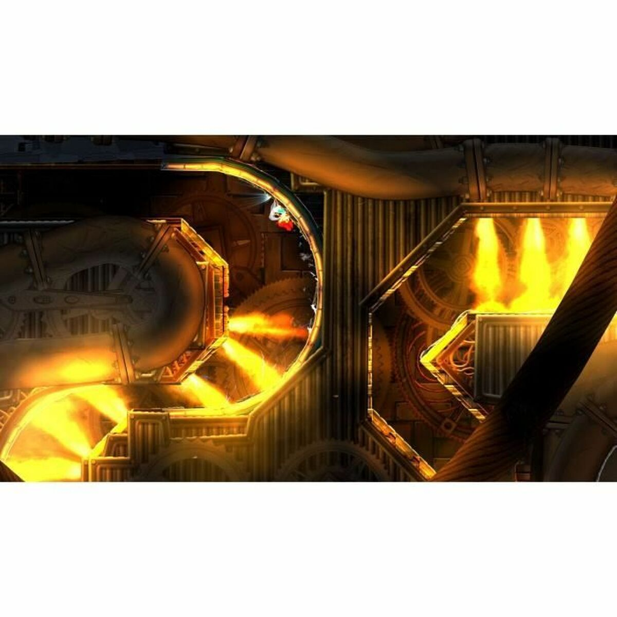 Una scena di gioco in stile steampunk con ingranaggi, tubi e luce giallo brillante. Una figura è visibile, suggerendo un gioco in corso.