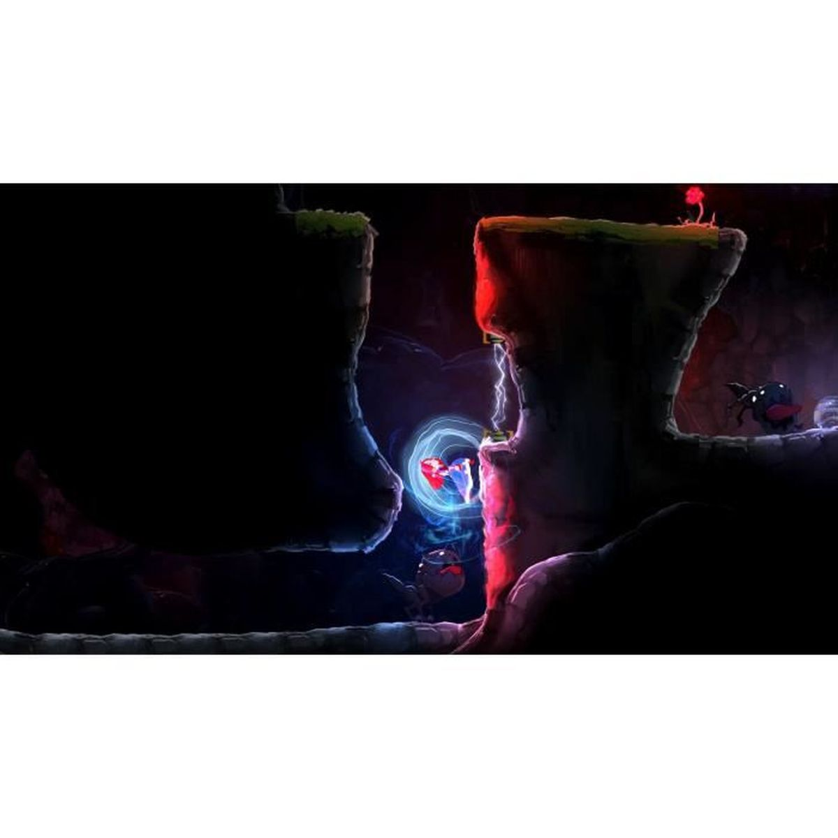 Una scena oscura e stilizzata con creature e strutture luminose. Un'area illuminata di rosso ha dei fulmini. Una creatura è in un campo di energia blu.