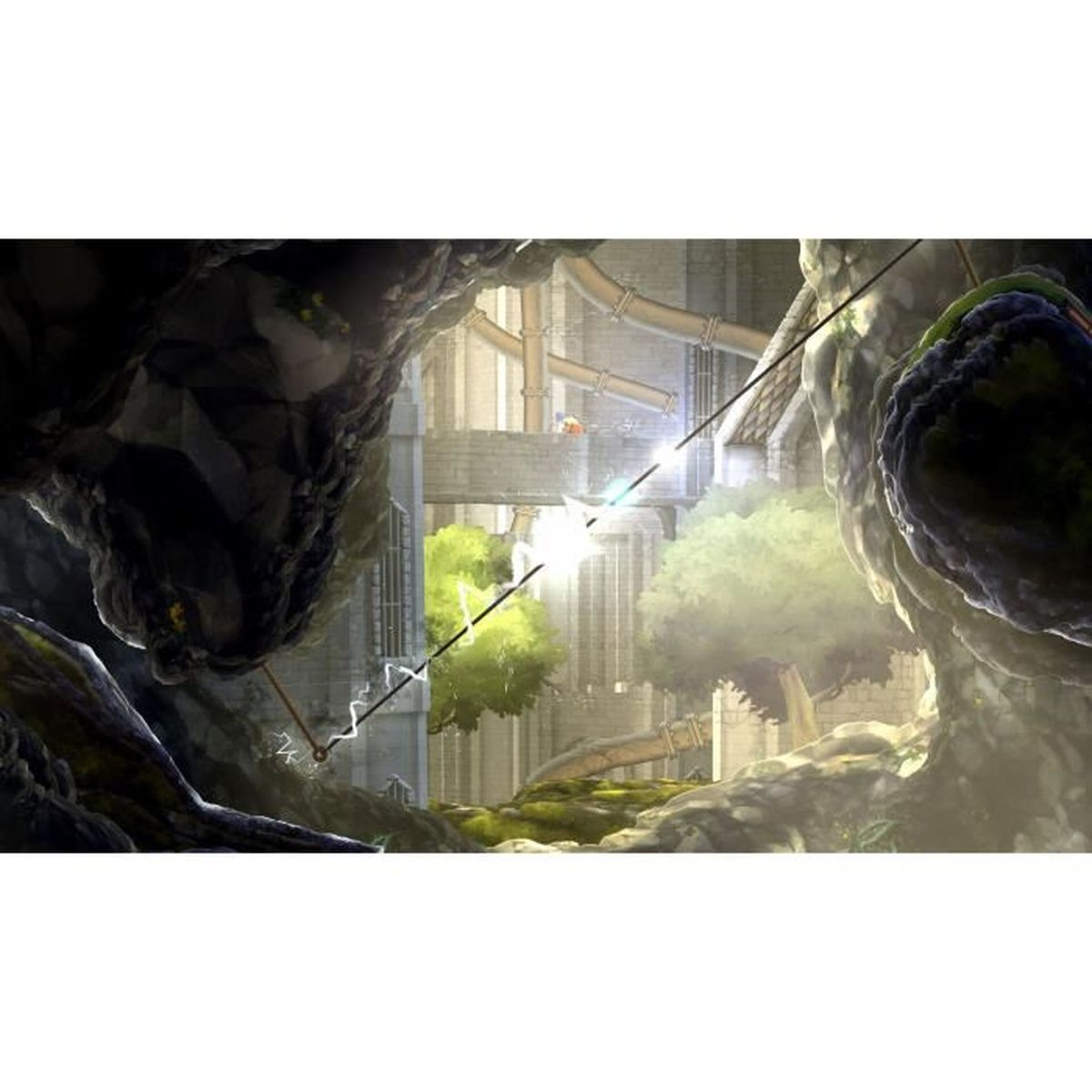 Una scena di gioco raffigura un ambiente dettagliato con un personaggio, alberi e architettura. La luce intensa attraversa la scena.