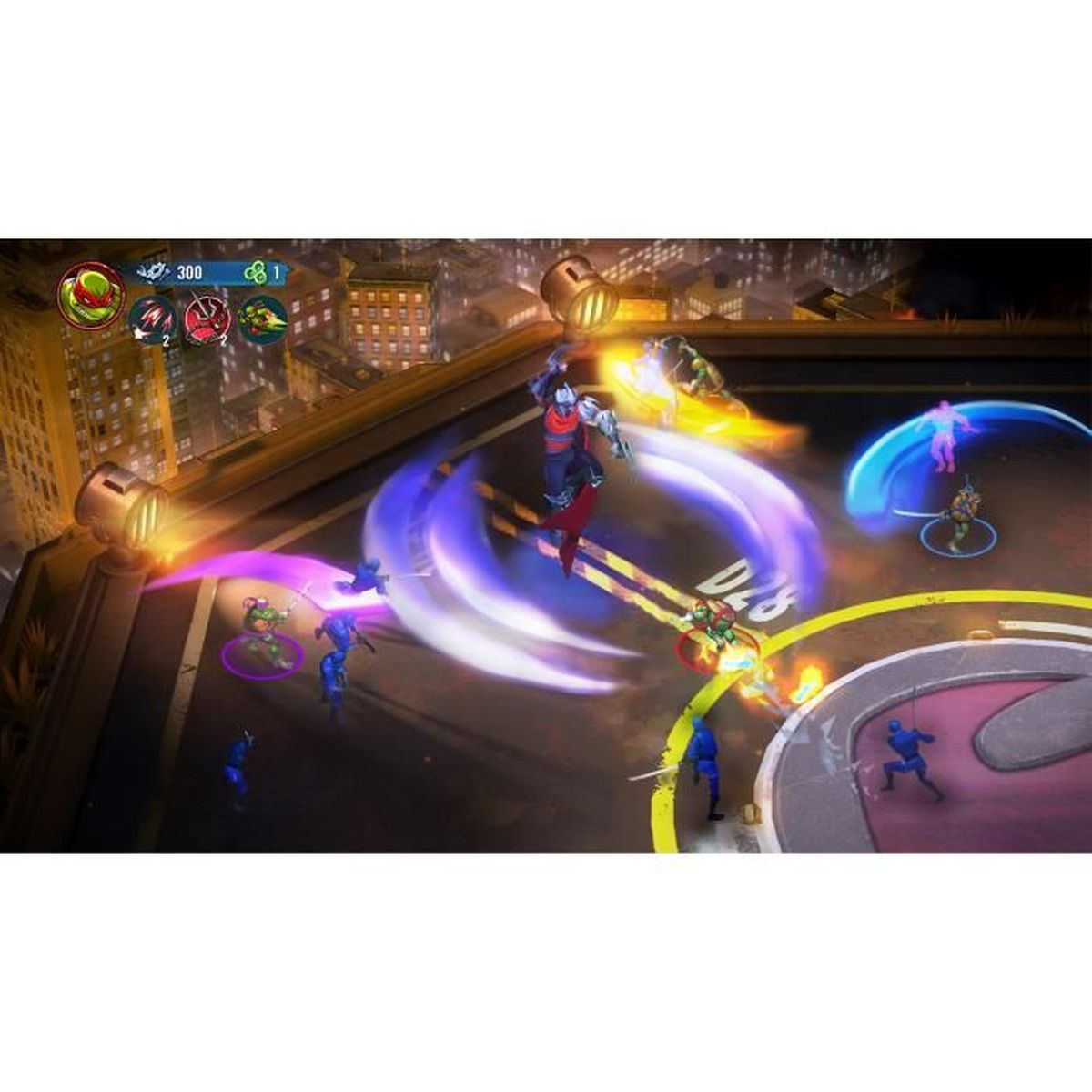 Una scena di videogioco con personaggi che combattono. Edifici sullo sfondo. Personaggi in azione, con effetti energetici e luci colorate.