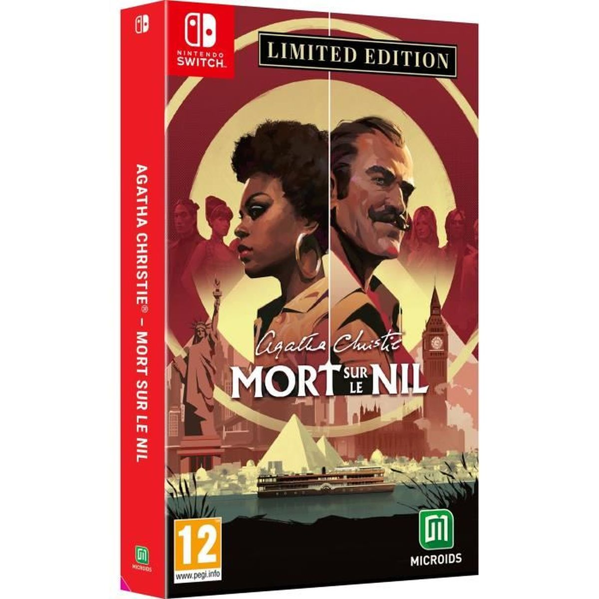 Scatola del gioco Agatha Christie: Death on the Nile. Presenta due volti, la Statua della Libertà, il Big Ben e una barca. Custodia rossa Nintendo Switch.