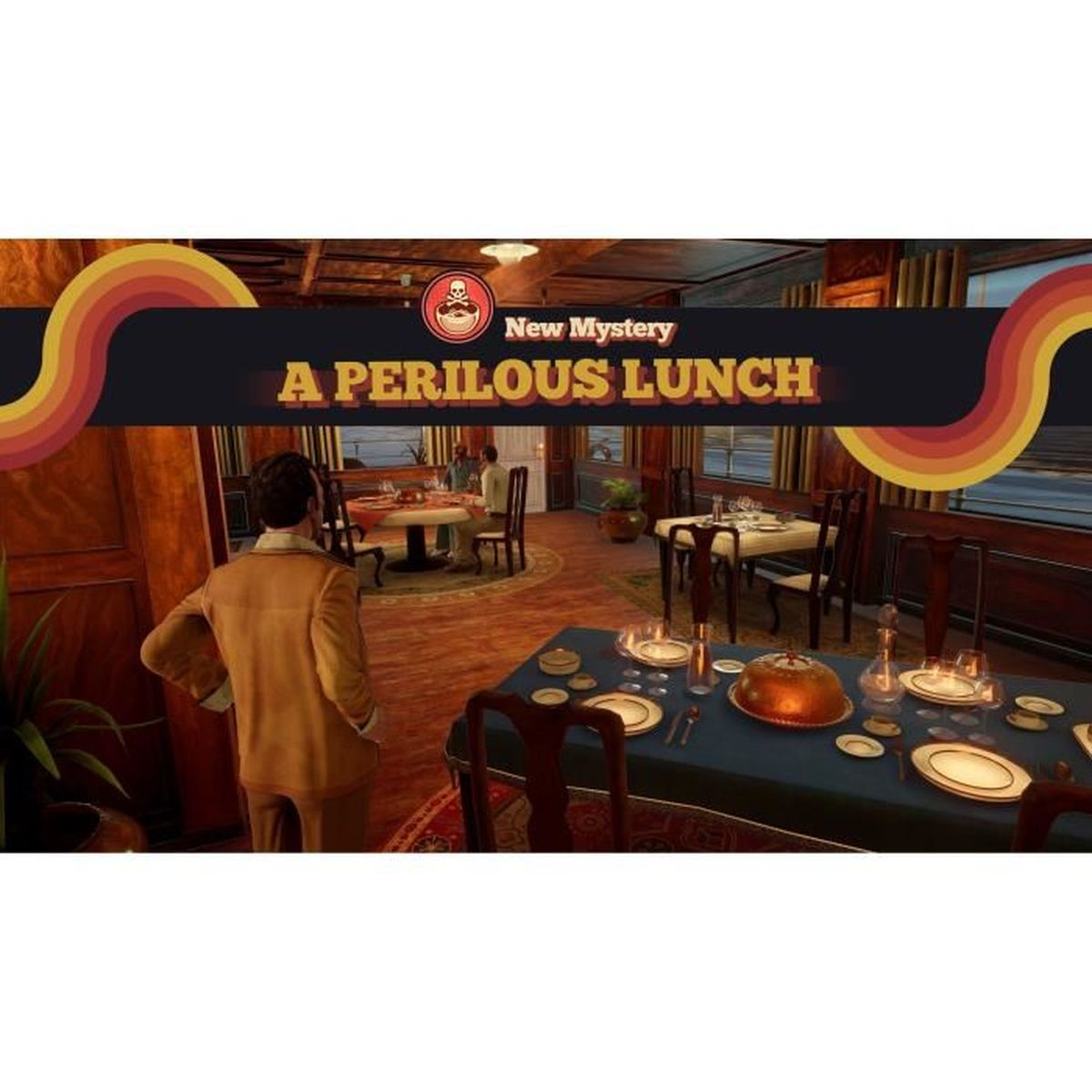 Un uomo in giacca marrone in una sala da pranzo. Tavoli con piatti, e sullo sfondo persone e la scritta 'A Perilous Lunch'.