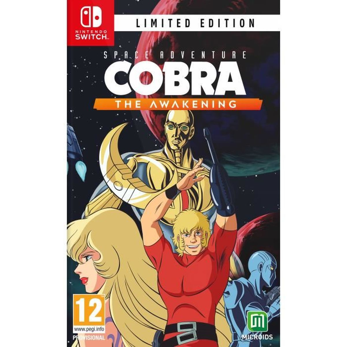 Copertina del gioco Cobra the Awakening. Presenta Cobra con i capelli biondi, una donna, un robot e due figure. Sfondo spaziale.