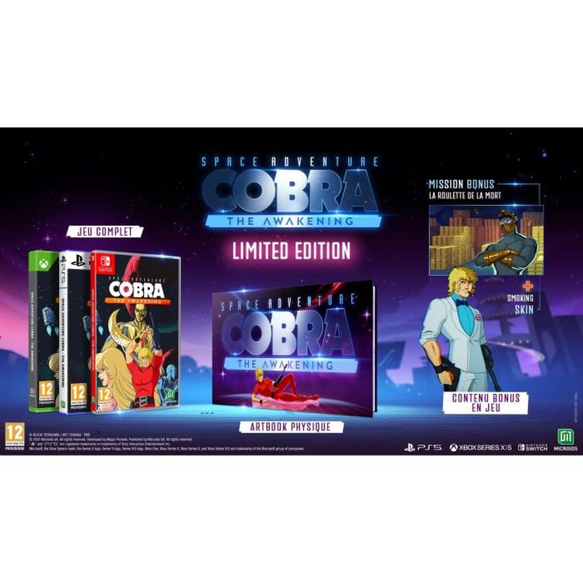Artwork della scatola del gioco Space Adventure Cobra: The Awakening. Include scatole di gioco, artbook e disegni dei personaggi. Edizione limitata.