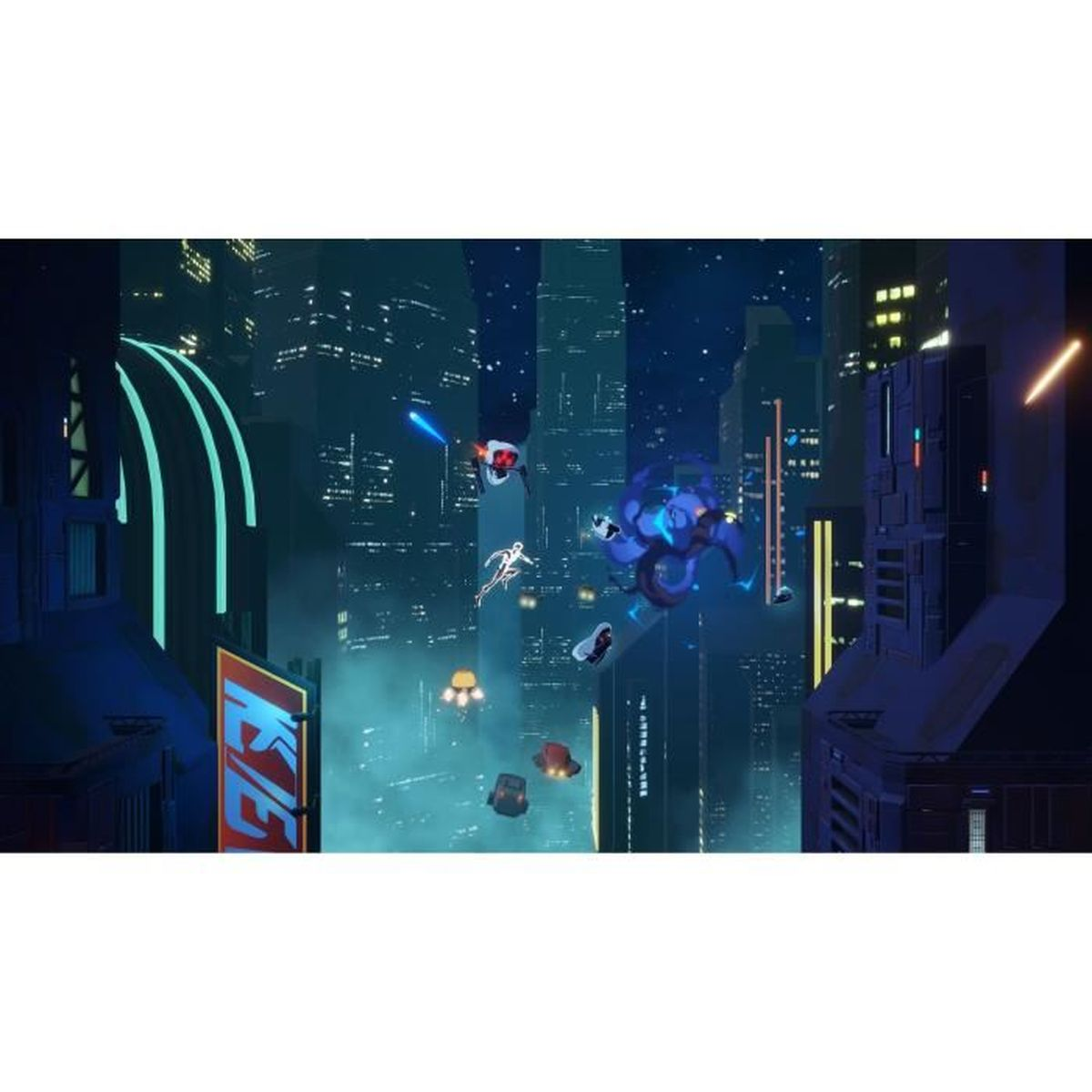 Città futuristica con oggetti volanti. Segnali al neon e grattacieli dominano. Figure e veicoli in movimento, creando una scena dinamica.