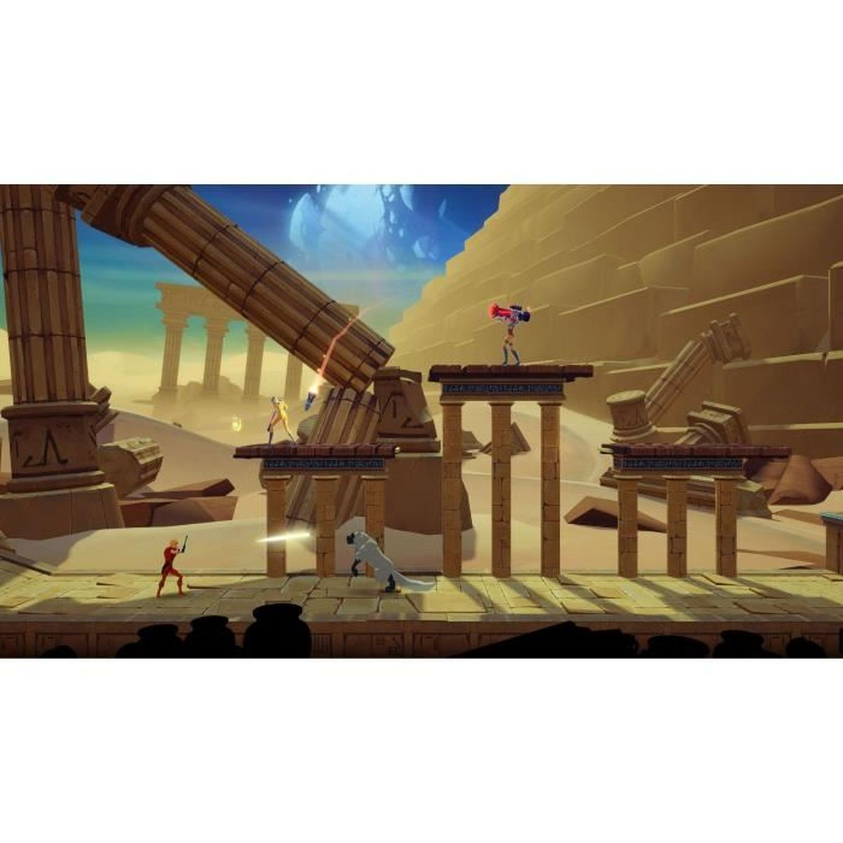 Una scena di un videogioco in un'ambientazione antica. Figure su piattaforme. Colonne e una piramide sullo sfondo. I personaggi combattono.