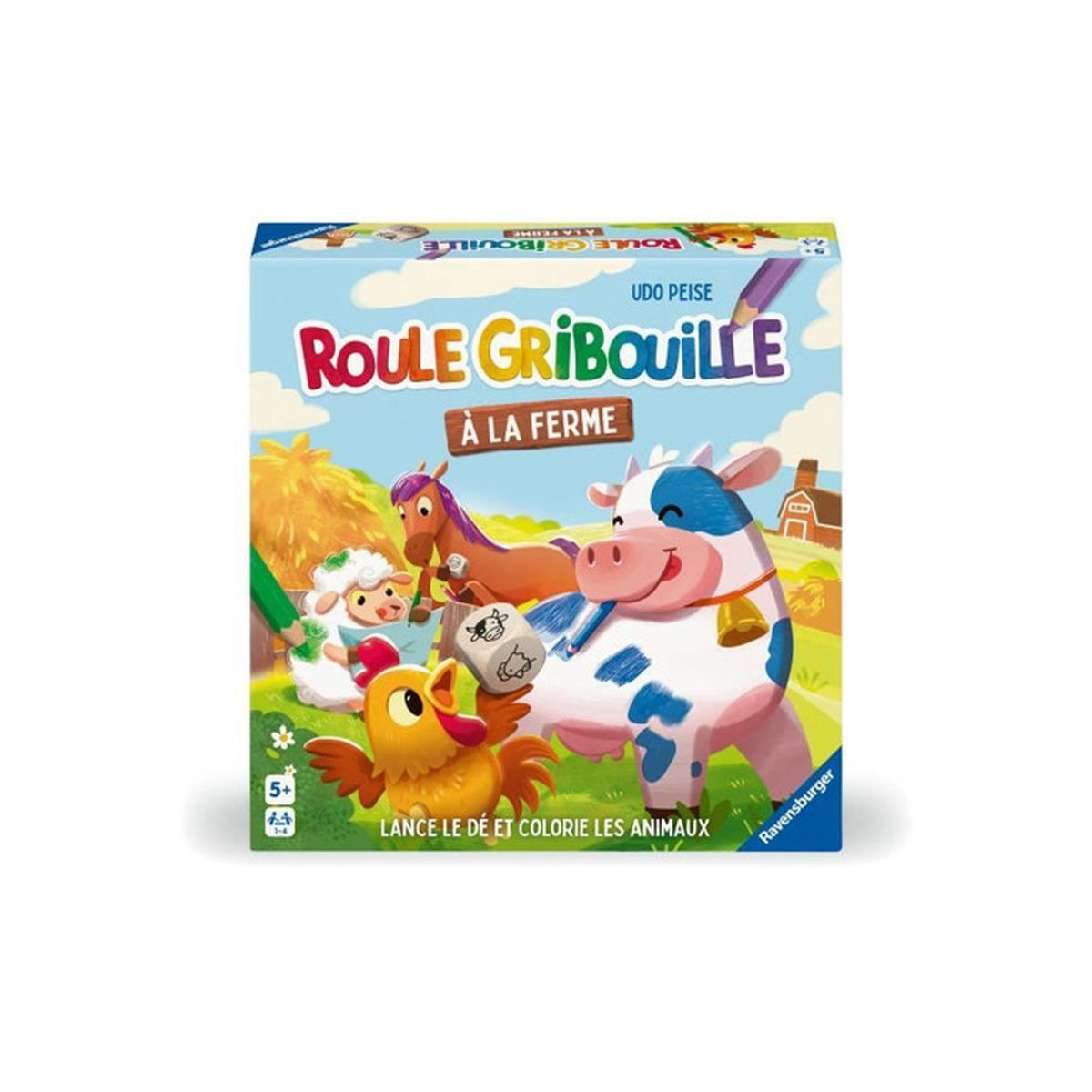 Caja del juego Roule Gribouille. Animales de granja de dibujos animados, incluyendo una vaca, un caballo y una oveja, se representan con un dado y texto.