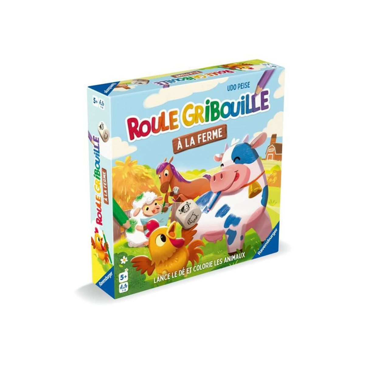Caja de un juego de animales de granja. Muestra una vaca, un caballo, una oveja y un pollo. El nombre del juego es "Roule Gribouille à la ferme".