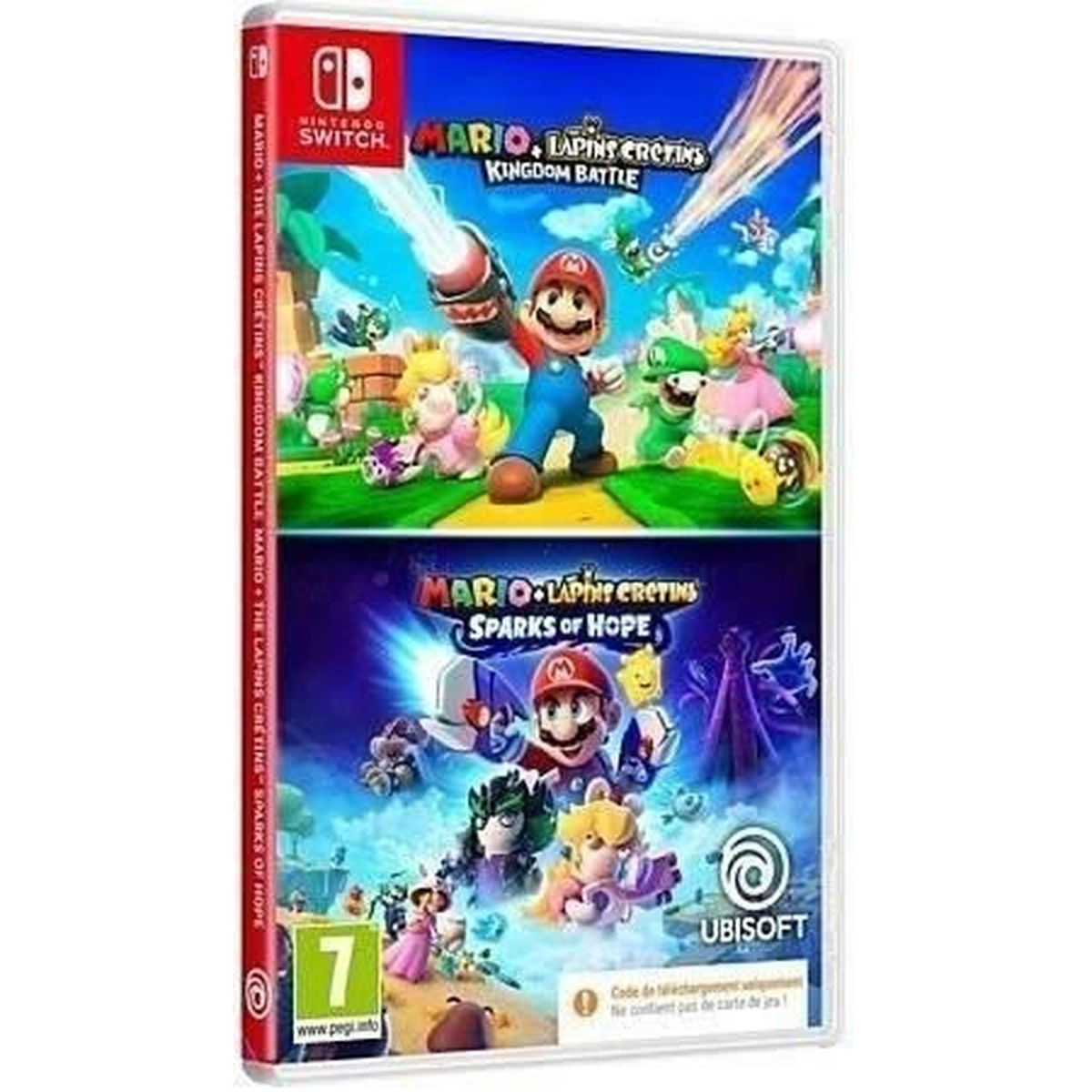 Spielhülle mit zwei Mario-Spielen. Obere Hälfte zeigt Mario, untere Hälfte hat Mario-Charaktere. Das Gehäuse hat das Nintendo Switch-Logo.