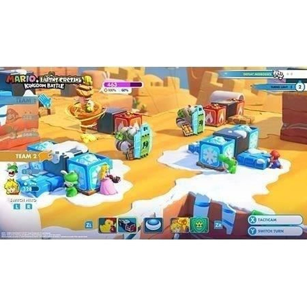 Ein Videospielbildschirm zeigt ein Level von Mario + Rabbids Kingdom Battle. Mario, Peach und andere Charaktere befinden sich auf einem sandigen Schlachtfeld.