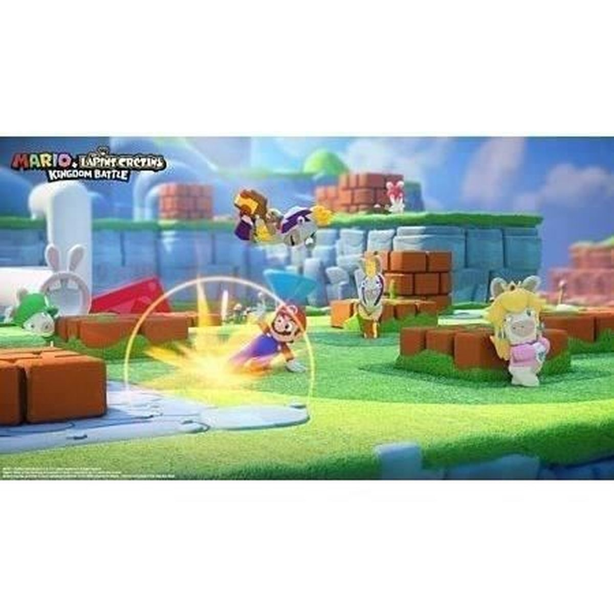 Mario in einer Kampfszene mit Rabbids. Charaktere stehen auf grünen Plattformen. Der Spieltitel ist oben links sichtbar.