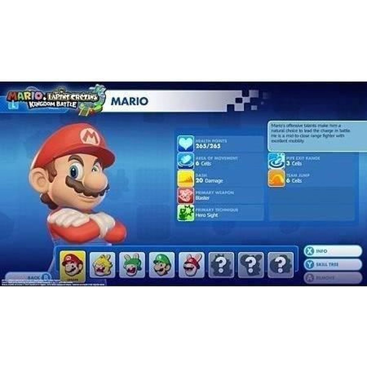 Mario-Charakter aus Mario + Rabbids Kingdom Battle, mit Spielstatistiken auf blauem Hintergrund.