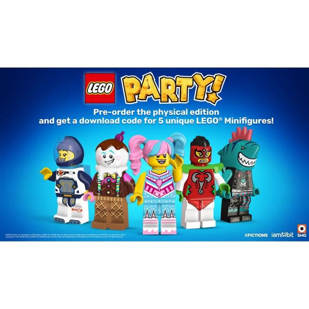 Cinque minifigure Lego: astronauta, gelato, ragazza con le trecce, una figura mascherata rossa e uno squalo. Sfondo blu con logo Lego Party.