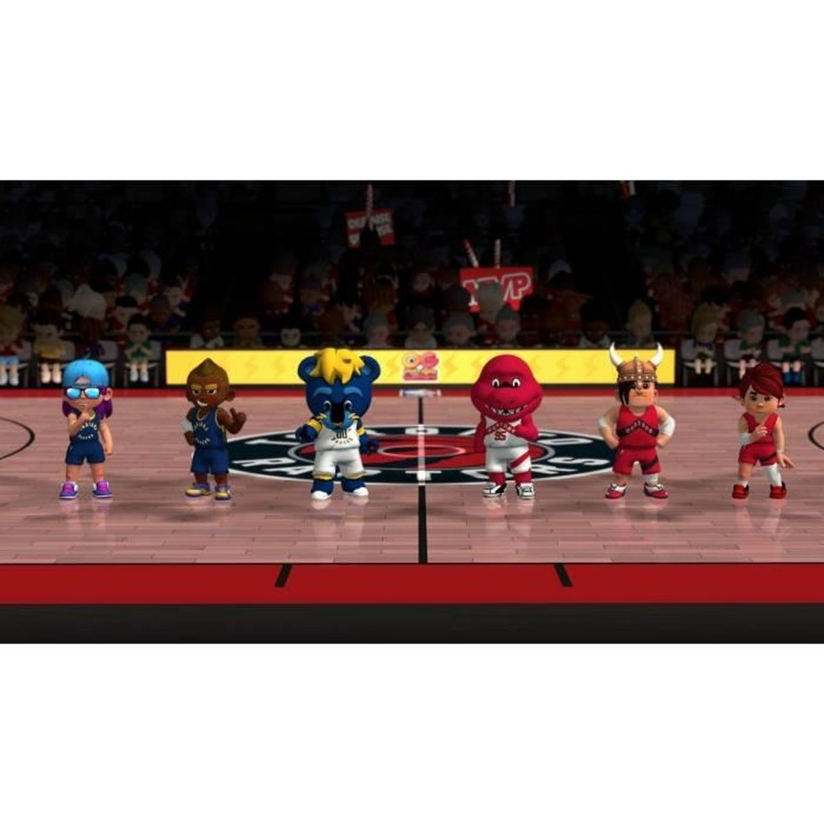 Sechs Zeichentrickfiguren auf einem Basketballfeld. Sie sind in Sportuniformen gekleidet. Im Hintergrund ist eine Menge im Stadion zu sehen.
