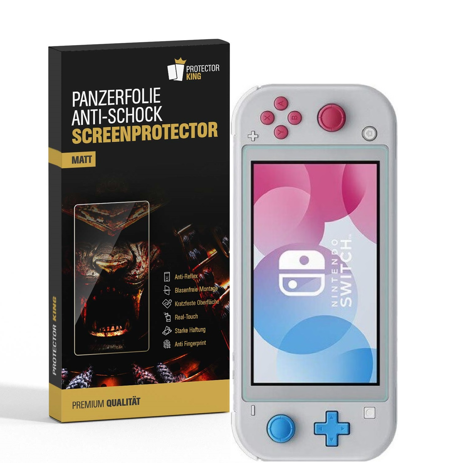 Eine Nintendo Switch Lite neben einer Displayschutzfolienbox. Der Switch ist hellgrau mit rosa Knöpfen. Die Box ist schwarz und gelb.