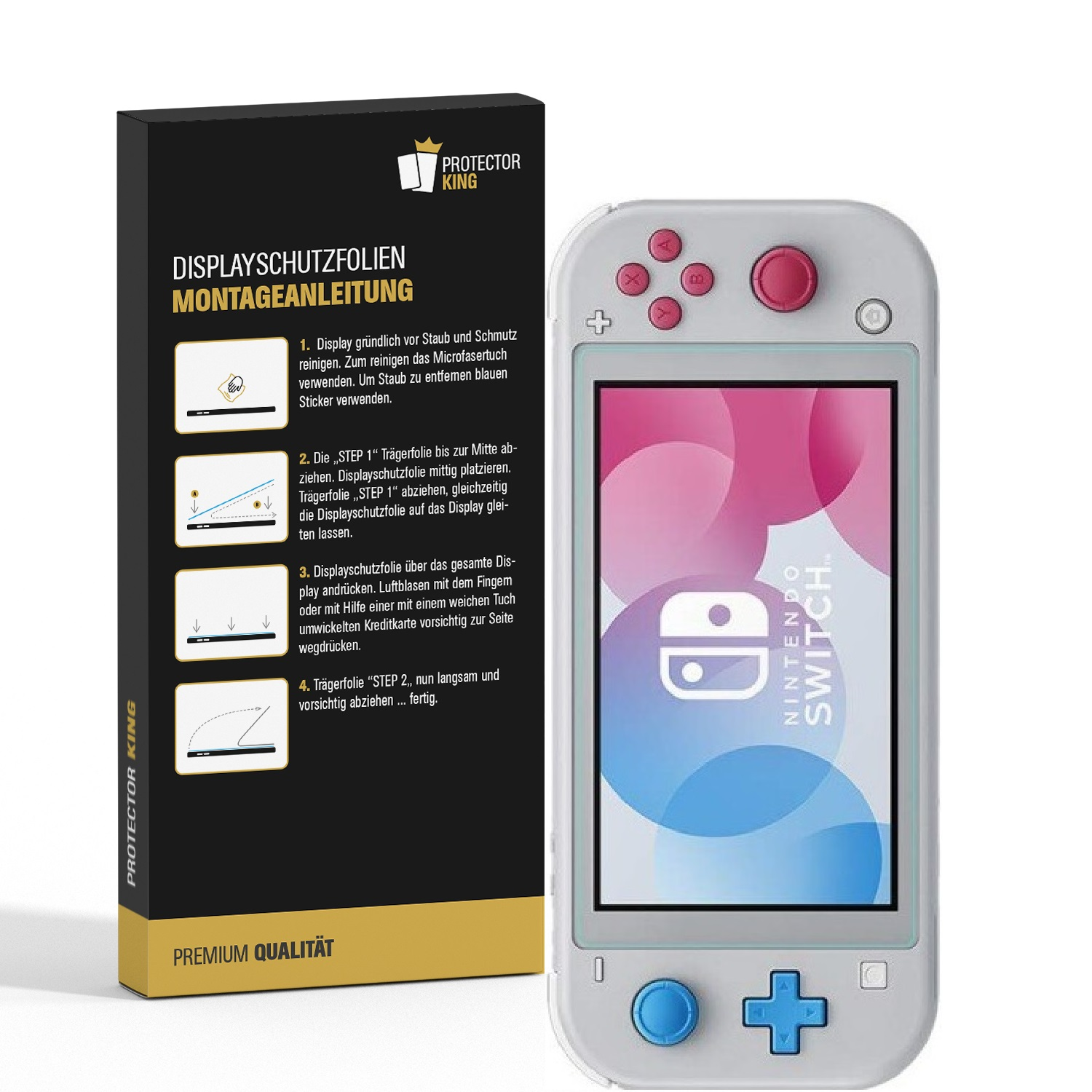 Eine Nintendo Switch-Konsole neben einer Box mit Anweisungen zum Anbringen einer Displayschutzfolie.