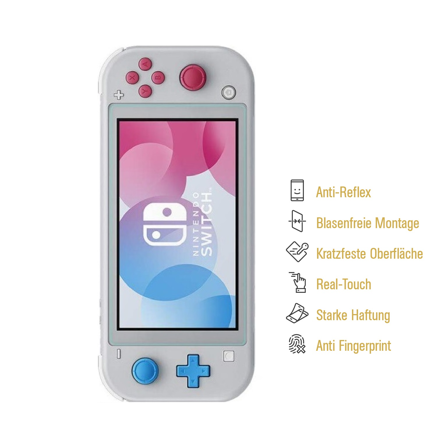 Hellgraue Nintendo Switch Lite. Der Bildschirm zeigt ein rosa und blaues Design. Merkmale sind Anti-Reflex, kratzfest und Anti-Fingerabdruck.