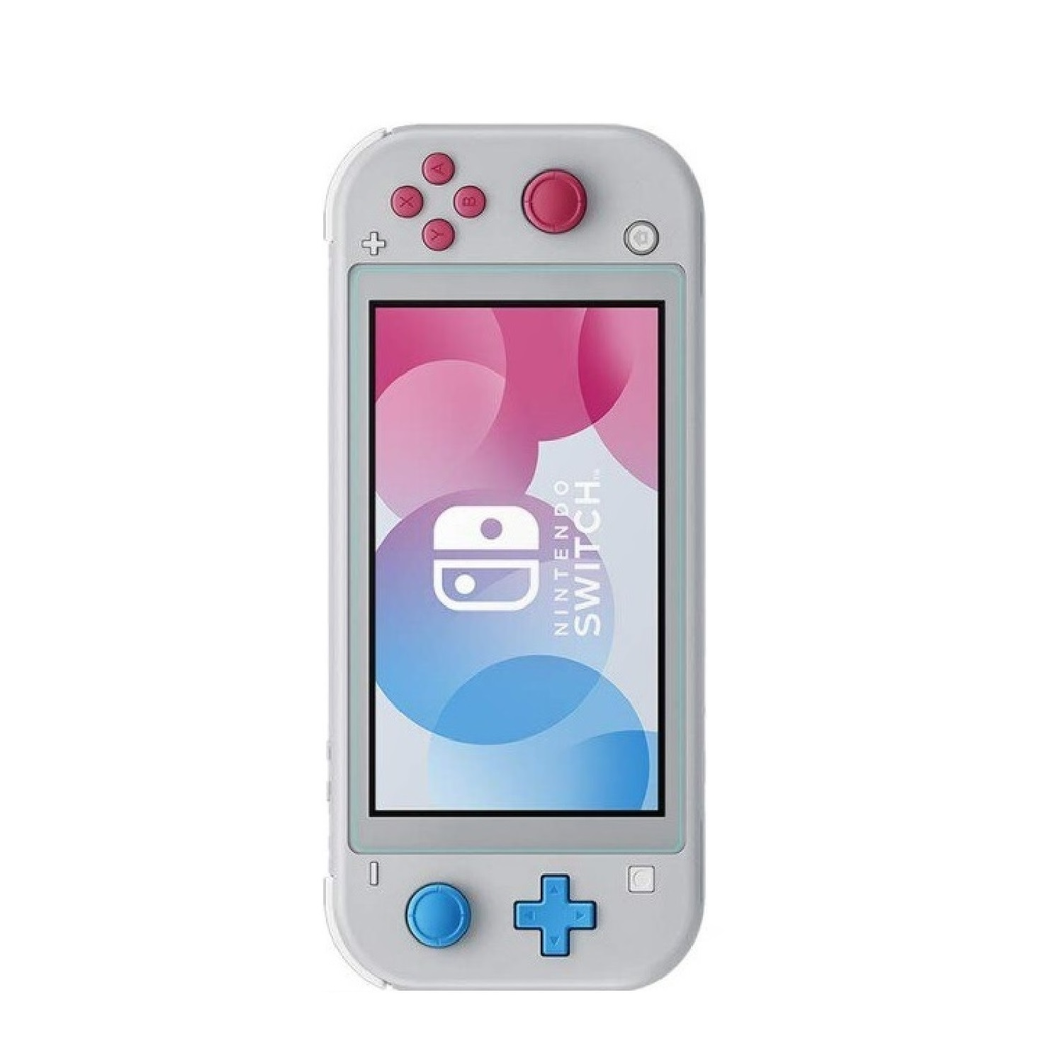 Eine hellgraue Nintendo Switch Lite Konsole. Sie hat rosa Knöpfe, ein blaues Steuerkreuz und einen Bildschirm mit Logo und farbenfrohen Grafiken.
