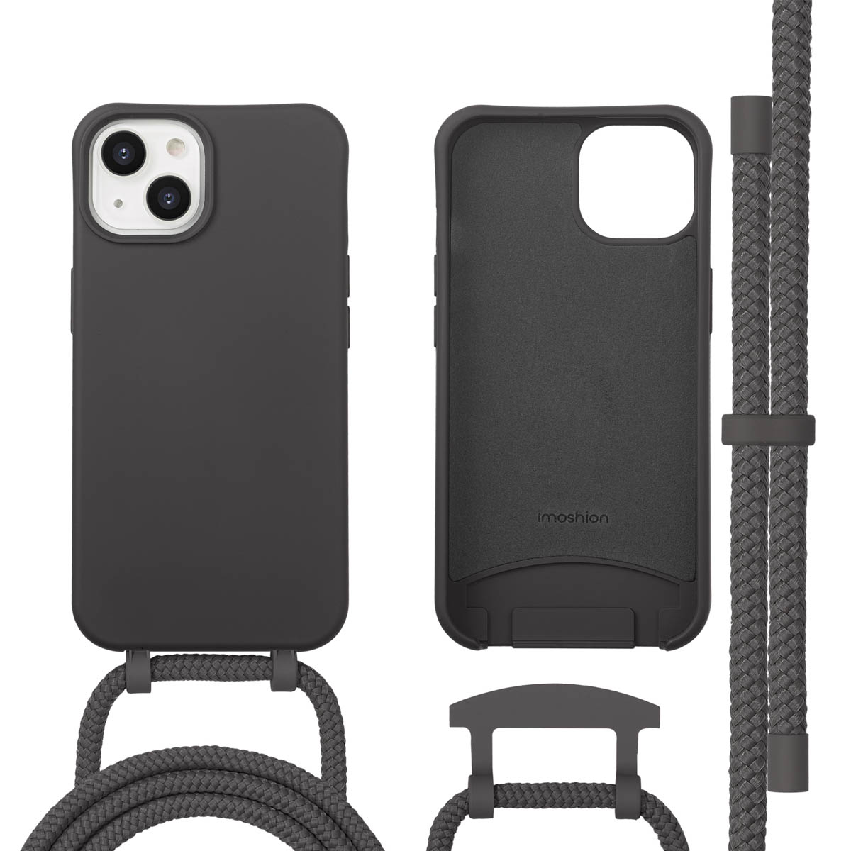 Een donkergrijze telefoonhoes met een koord, aparte achterkant en koordbevestiging. De achtergrond is wit.