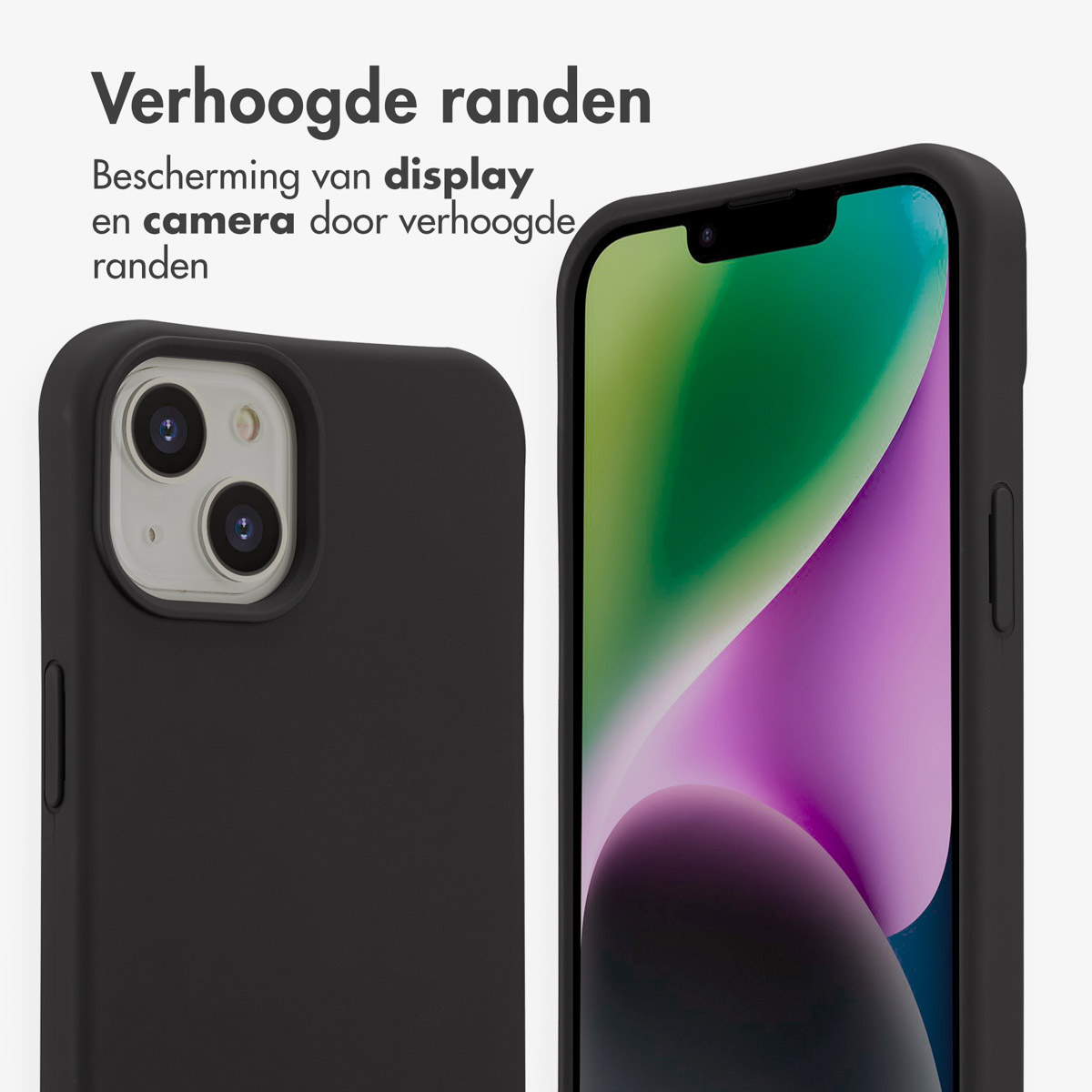 Zwarte telefoonhoes die een iPhone beschermt. Het scherm toont een kleurrijke abstracte afbeelding. Nederlandse tekst: 'Verhoogde randen'.