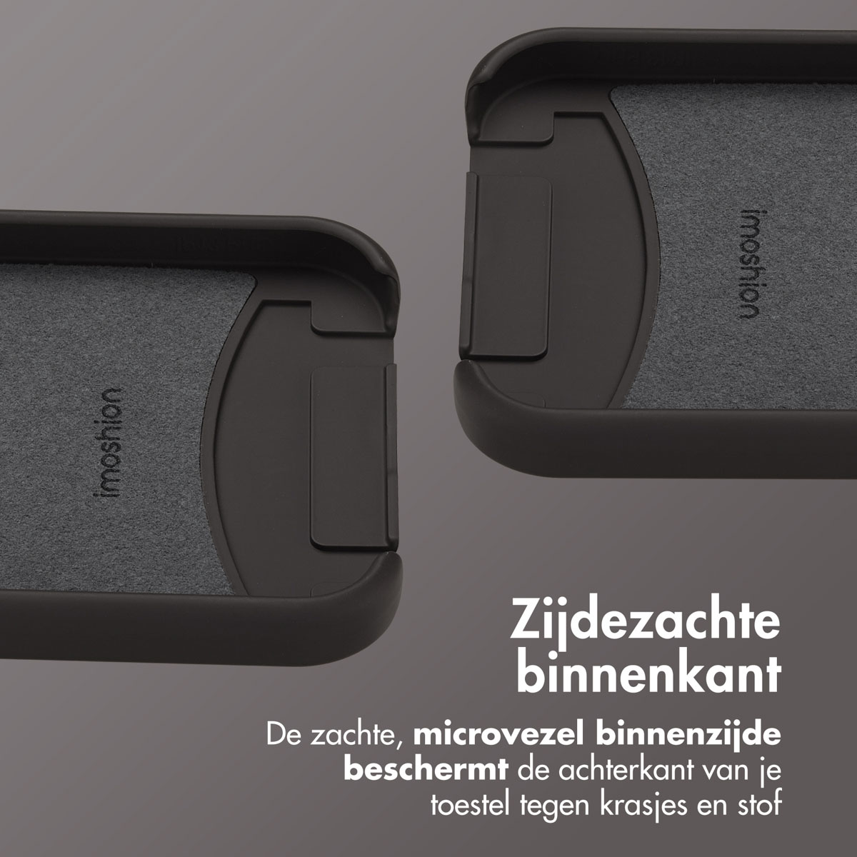 Twee zwarte telefoonhoesjes met zachte, grijze binnenkant. Tekst luidt: 'Zijdezacht van binnen'.