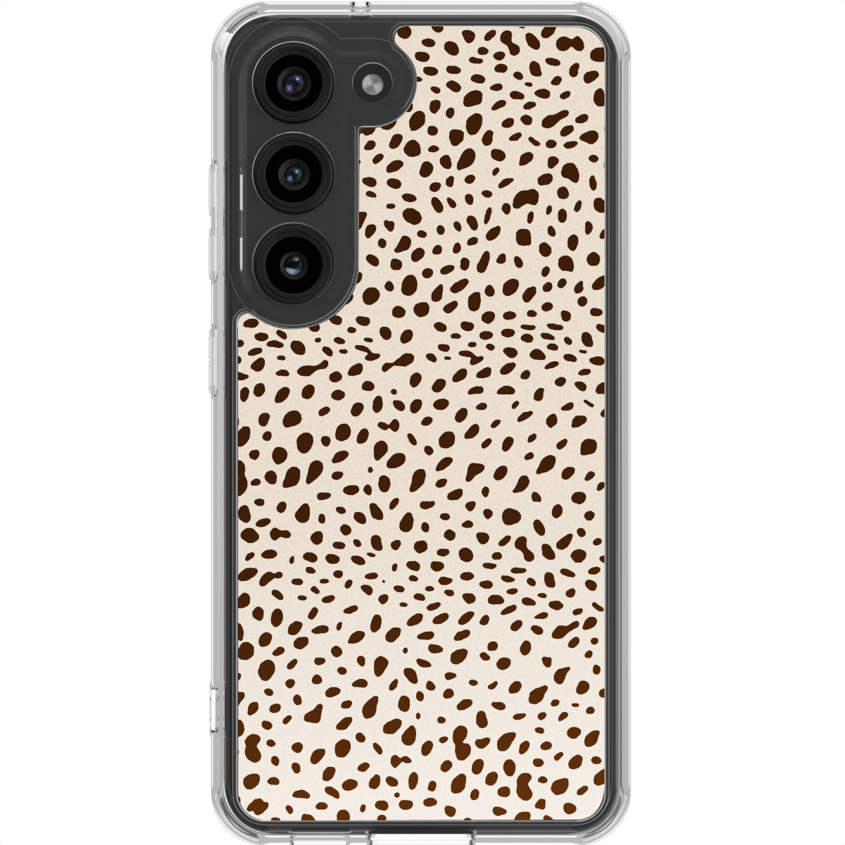 Une coque de téléphone avec un motif tacheté marron sur fond beige. Le téléphone a un cadre transparent et un appareil photo noir.