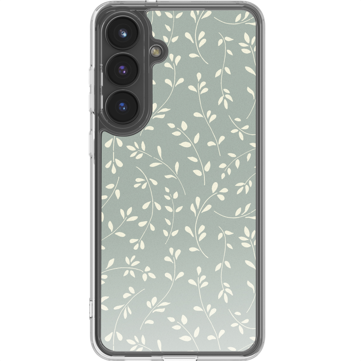Een telefoonhoesje met een bloemenpatroon. De hoes is transparant en heeft een lichtgroene achtergrond met witte bladeren.