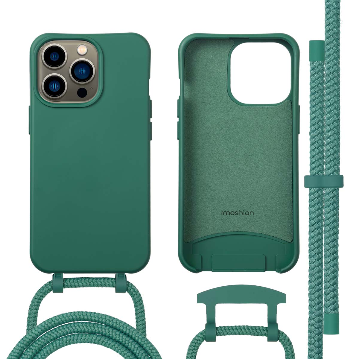 Ensemble de coques de téléphone vertes. Comprend une coque, une coque intérieure et un cordon. Tous les articles sont verts et disposés sur fond blanc.