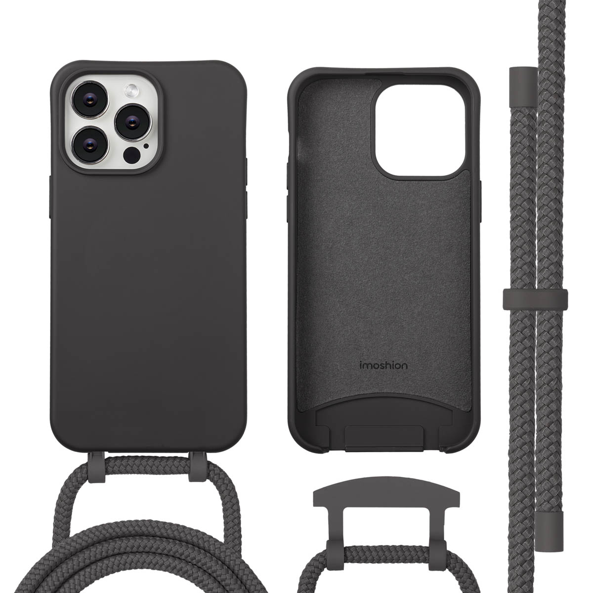 Een zwarte telefoonhoes met een koord en een aparte telefoonhoes zonder telefoon. Het koord is gevlochten en op de hoes staat 'imoshion'.
