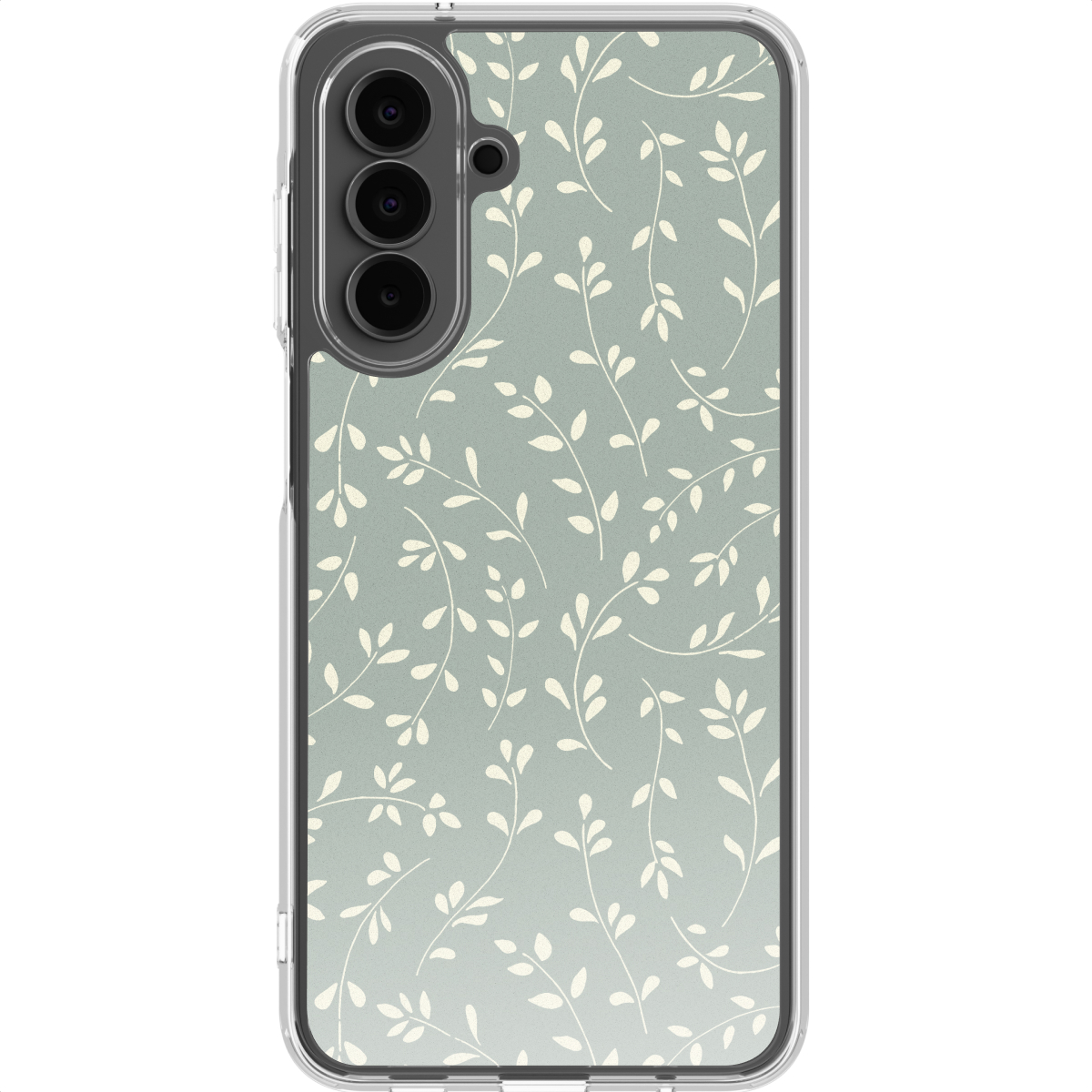 Telefoonhoesje met een bloemmotief van witte bladeren op een gedempte groene achtergrond. De telefoon heeft drie camera's.