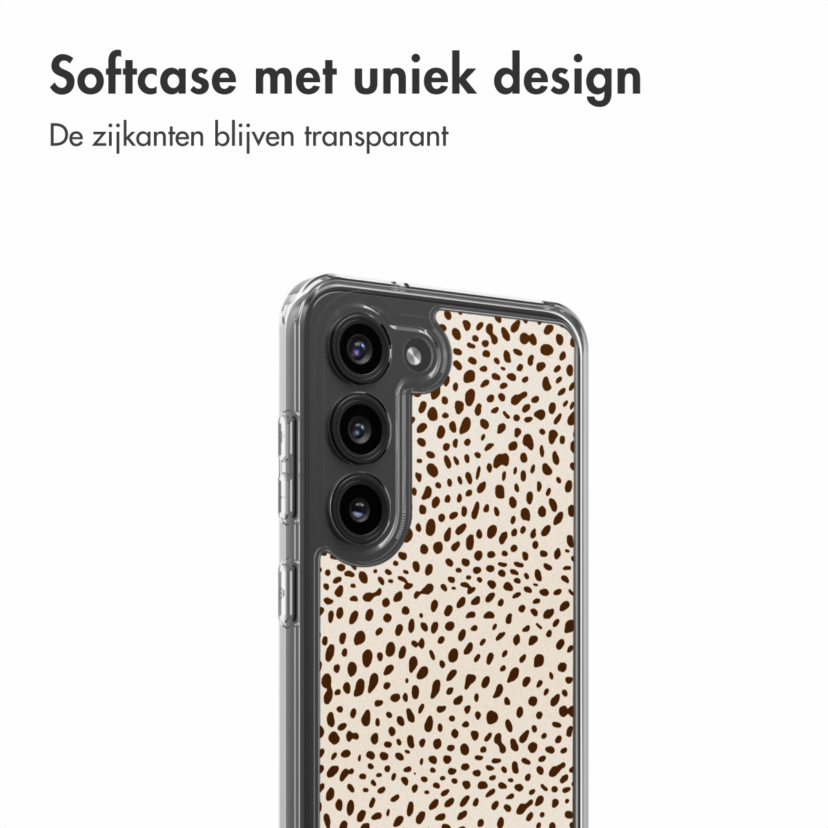 Une coque de téléphone au design unique avec un motif de taches marron sur fond crème, avec des côtés transparents.
