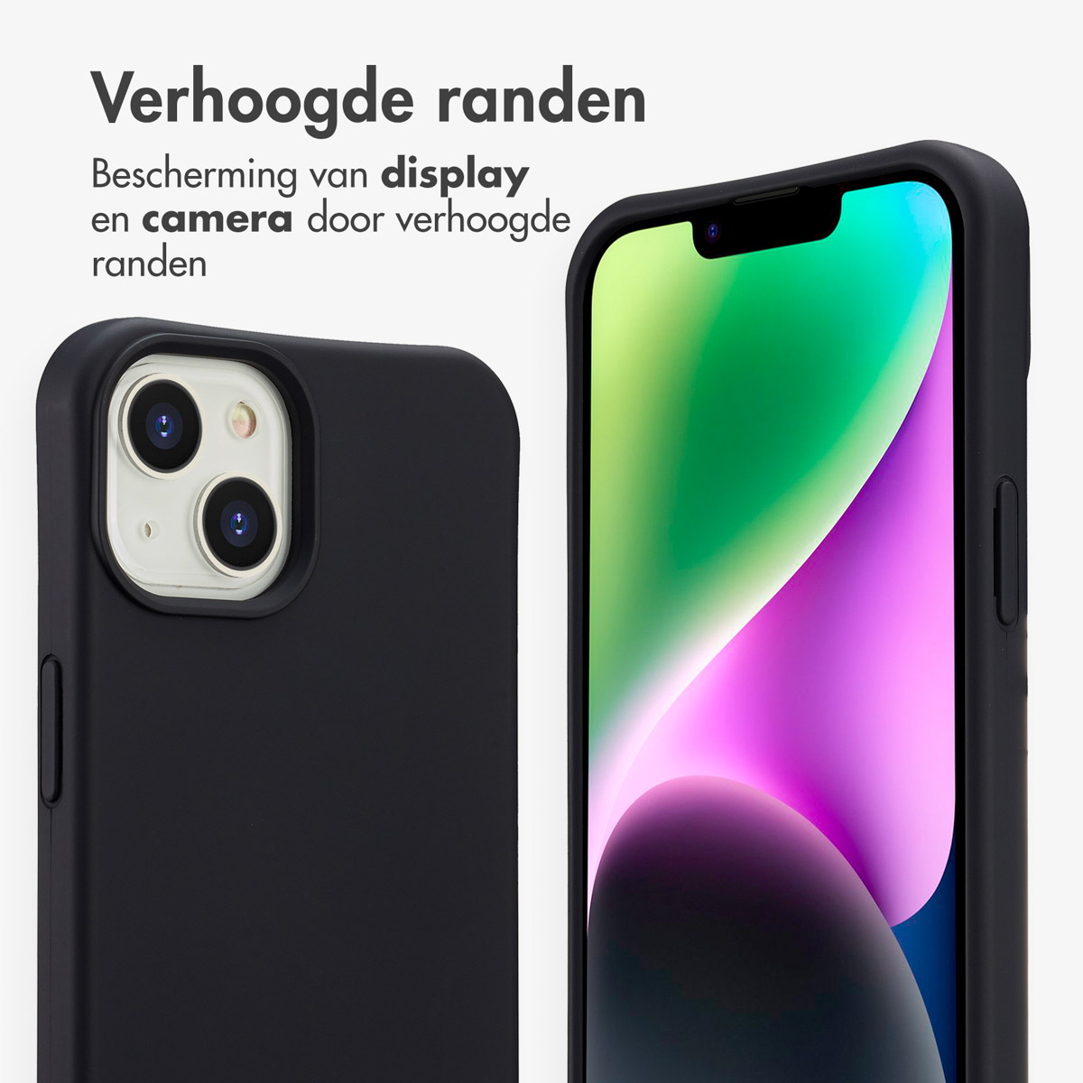 Twee zwarte iPhones, één met een kleurrijk scherm. Beide telefoons hebben zwarte hoesjes. Tekst in het Nederlands erboven.