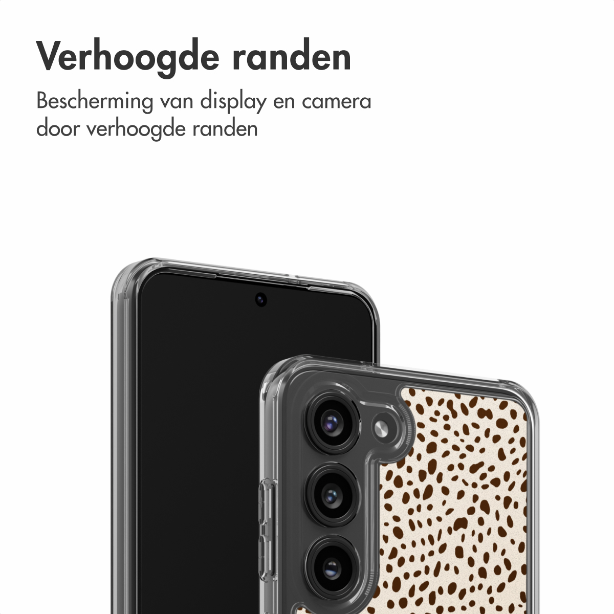 Deux smartphones, l'un avec une coque transparente et l'autre avec une coque à motifs de taches marron sur fond crème.
