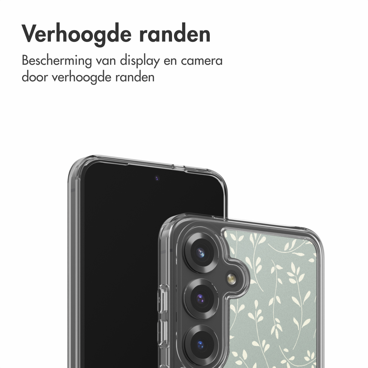 Twee smartphones in transparante hoesjes, één met een zwart scherm en de andere met een bloemenpatroon. Tekst erboven: 'Verhoogde randen'.
